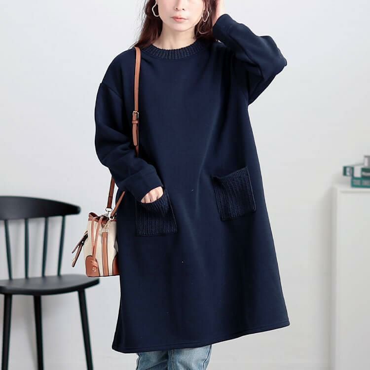 大きいサイズ レディース 裏起毛ケーブルニットポケットチュニック