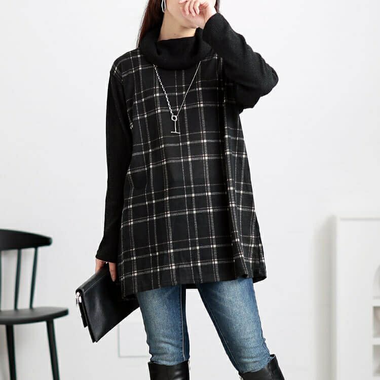 大きいサイズ レディース 静電気防止オフタートルチェック柄チュニック