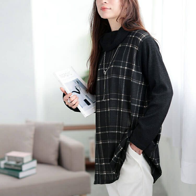 大きいサイズ レディース 静電気防止オフタートルチェック柄チュニック　cast-5548017