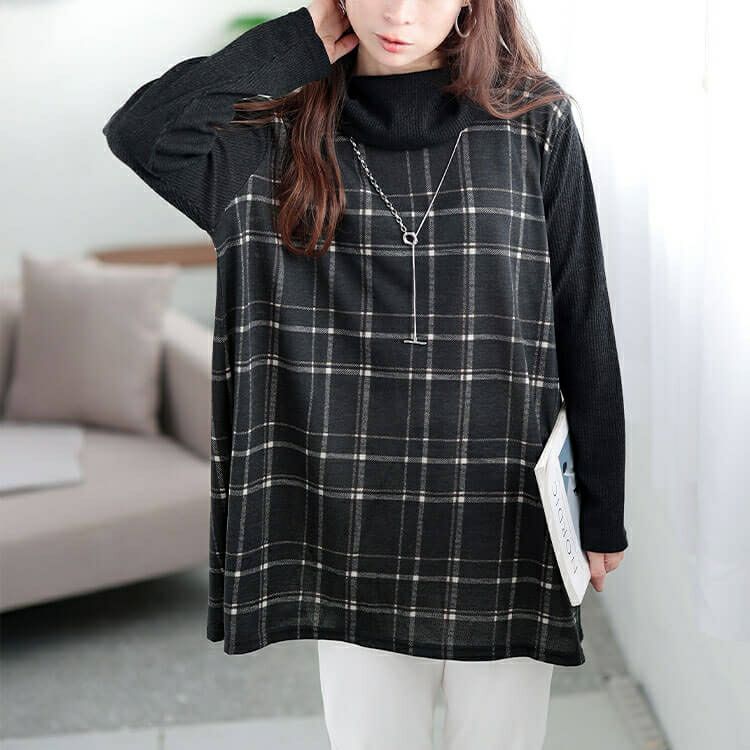 大きいサイズ レディース 静電気防止オフタートルチェック柄チュニック　cast-5548017