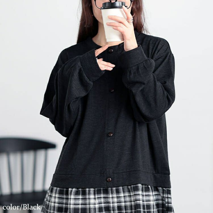 大きいサイズ レディース カーデ重ね着風チェック柄シャツチュニック　cast-5548013