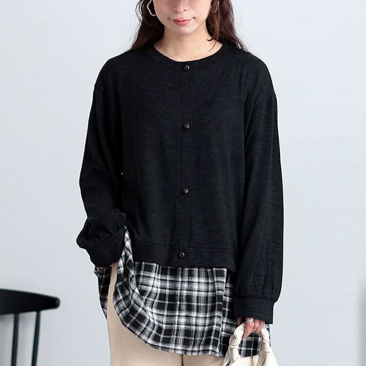 大きいサイズ レディース カーデ重ね着風チェック柄シャツチュニック　cast-5548013 ブラック