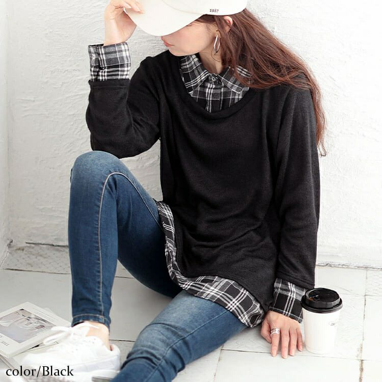 大きいサイズ レディース チェックシャツフェイクレイヤードプルオーバー　cast-5548019
