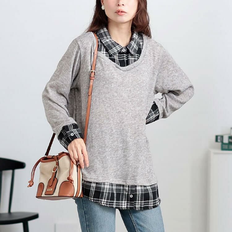 大きいサイズ レディース チェックシャツフェイクレイヤードプルオーバー　cast-5548019 グレー