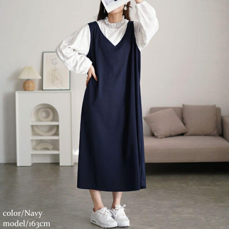 大きいサイズ レディース レースブラウスドッキングワンピース　fem-544