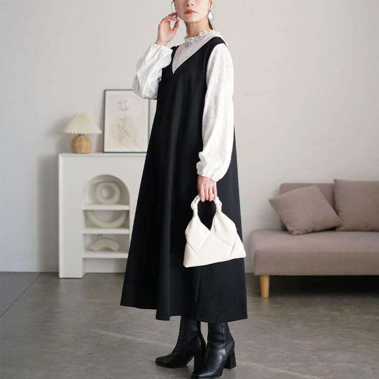 大きいサイズ レディース レースブラウスドッキングワンピース　fem-544 ブラック