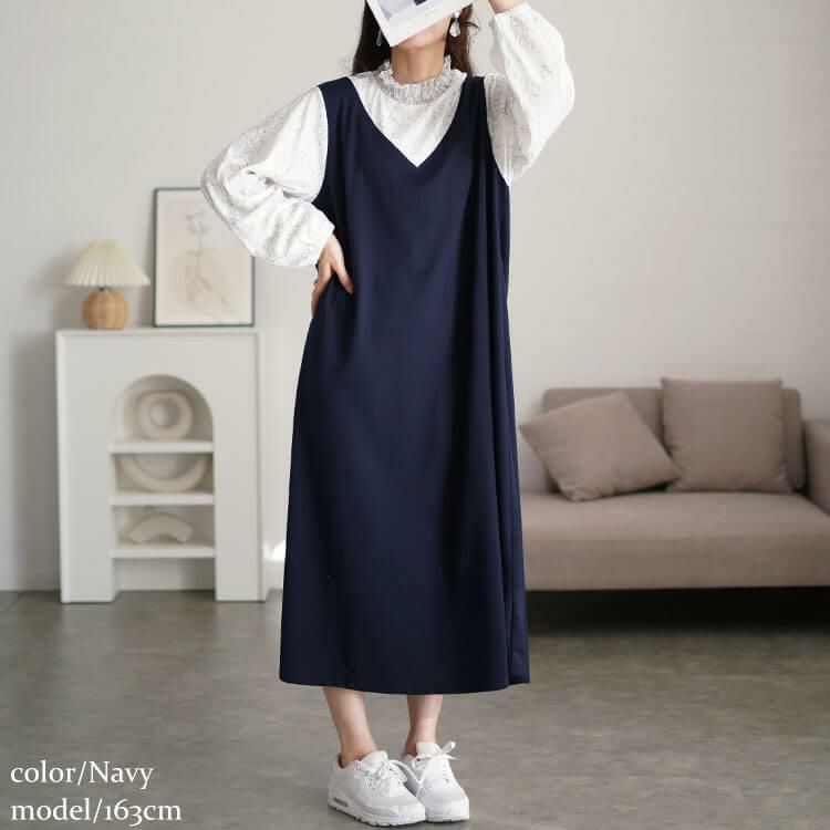 大きいサイズ レディース レースブラウスドッキングワンピース　fem-544 ネイビー