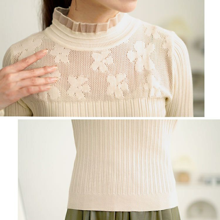 大きいサイズ レディース フラワーレースリブニットソー　goldy-1614