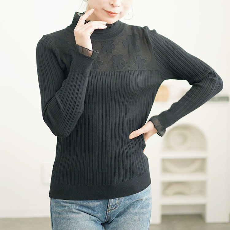 大きいサイズ レディース フラワーレースリブニットソー　goldy-1614