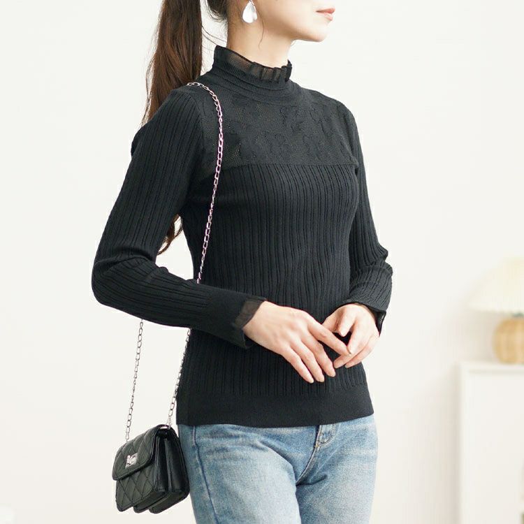 大きいサイズ レディース フラワーレースリブニットソー　goldy-1614