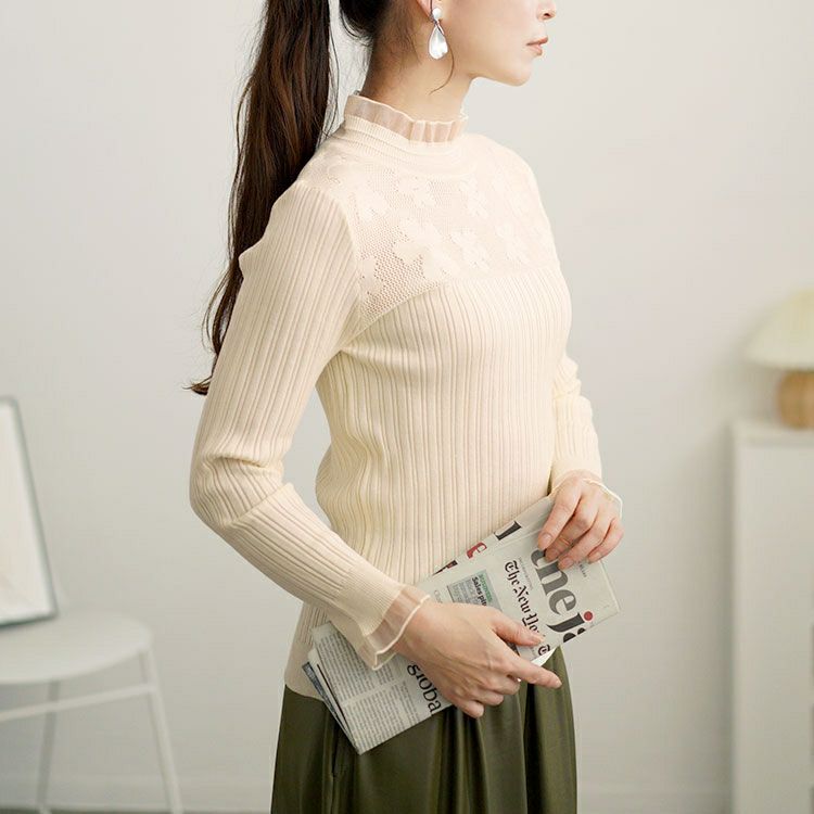 大きいサイズ レディース フラワーレースリブニットソー　goldy-1614