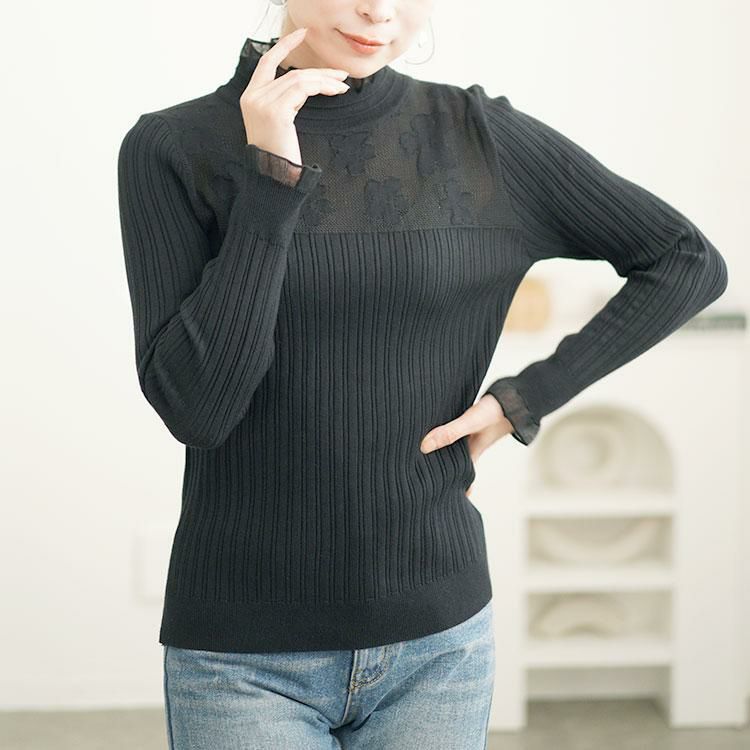 大きいサイズ レディース フラワーレースリブニットソー　goldy-1614 ブラック