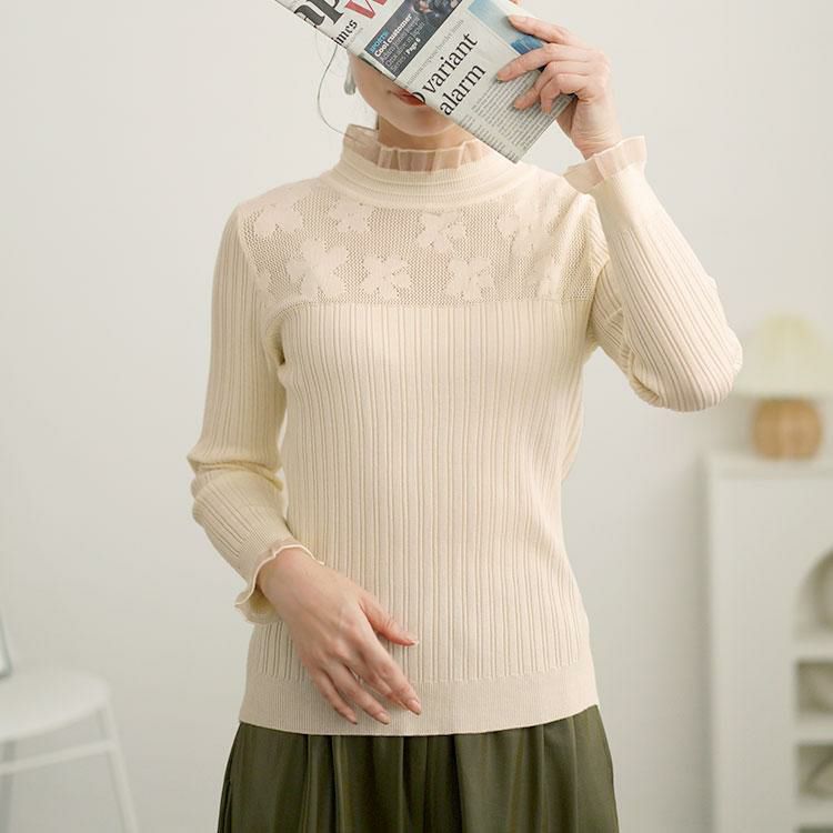 大きいサイズ レディース フラワーレースリブニットソー　goldy-1614 オフホワイト