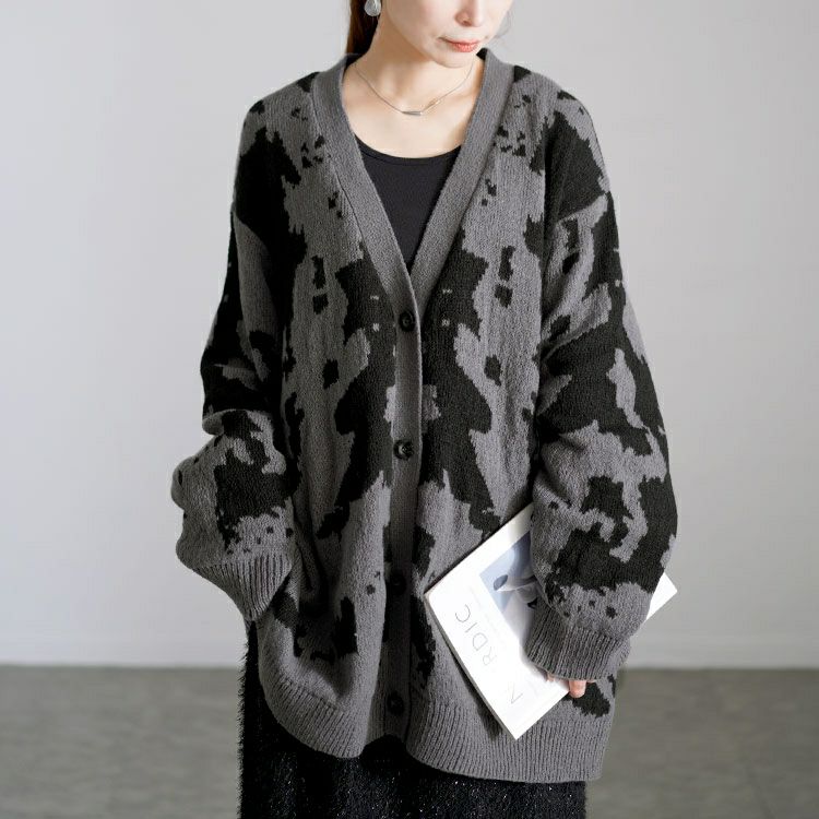 大きいサイズ レディース 迷彩柄ジャガードニットカーディガン bro