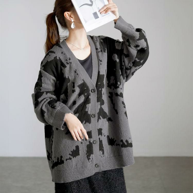 大きいサイズ レディース 迷彩柄ジャガードニットカーディガン bro