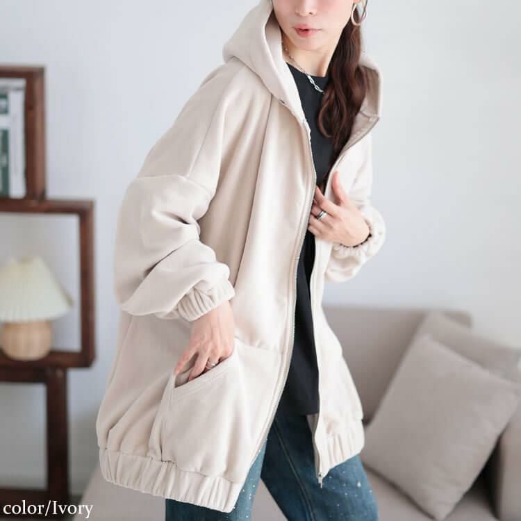 大きいサイズ レディース 両面フリースZIPワイドパーカー　maru-30068 アイボリー