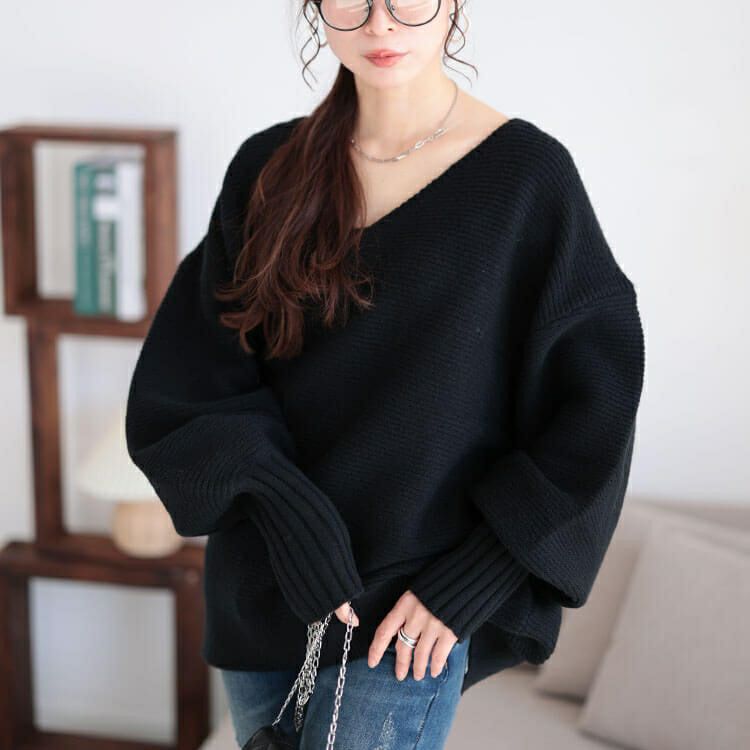 大きいサイズ レディース ボリュームスリーブリブニットプルオーバー　maru-20010