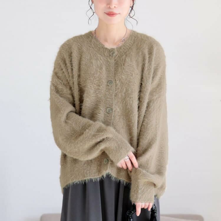 大きいサイズ レディース シャギーニットクロップドカーディガン　maru-20003 ベージュ