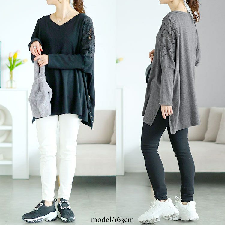 大きいサイズ レディース 肩レースVネックドルマンプルオーバー　jp517