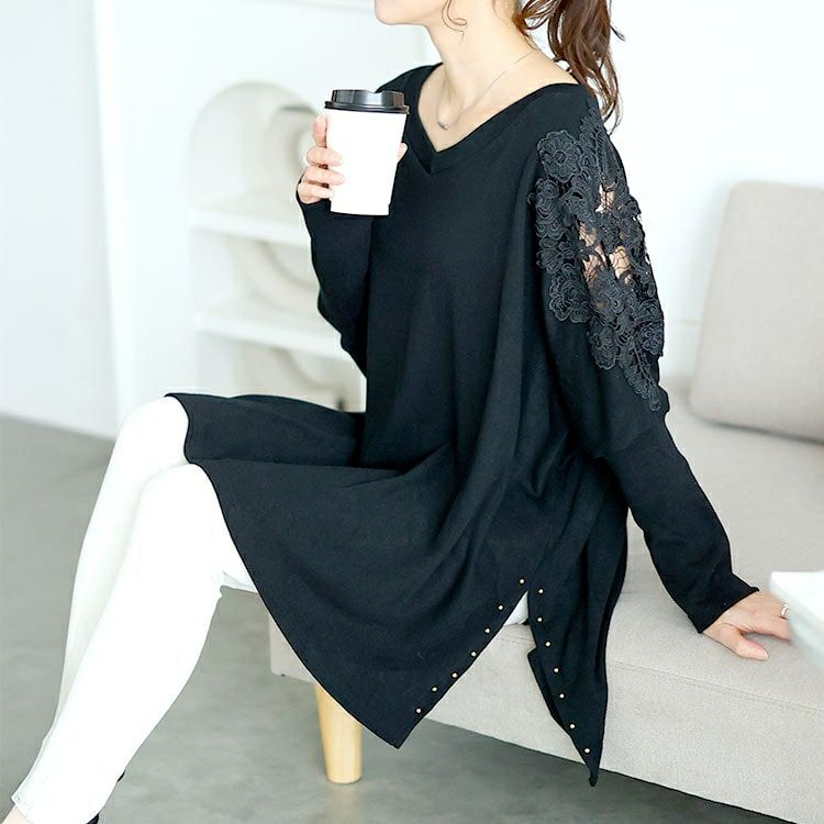 大きいサイズ レディース 肩レースVネックドルマンプルオーバー　jp517