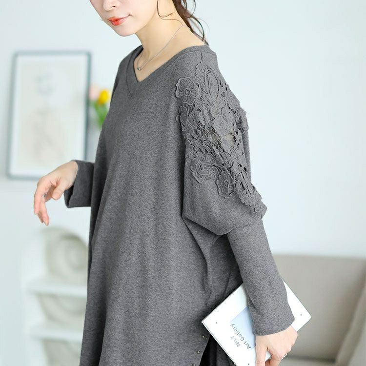 大きいサイズ レディース 肩レースVネックドルマンプルオーバー　jp517