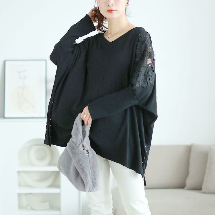 大きいサイズ レディース 肩レースVネックドルマンプルオーバー　jp517 ブラック