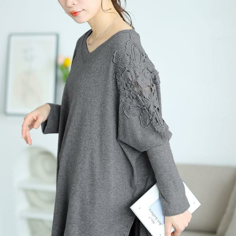 大きいサイズ レディース 肩レースVネックドルマンプルオーバー　jp517 グレー