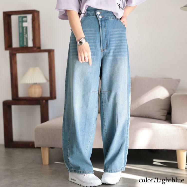 大きいサイズ レディース コットンデニムカーブパンツ　jp511 ライトブルー
