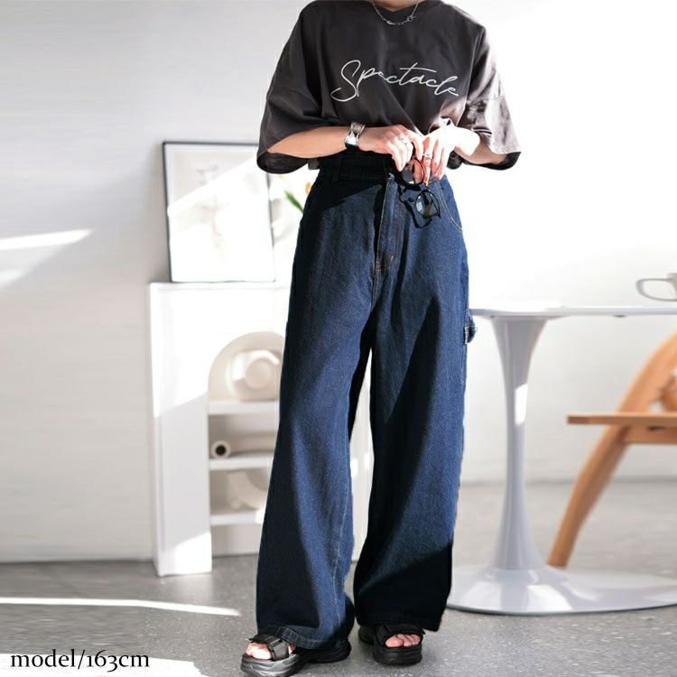 大きいサイズ レディース ビッグポケットコットンデニムワイドパンツ