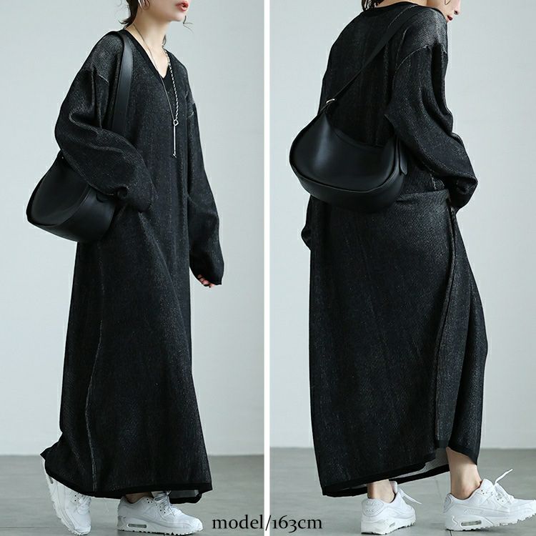 大きいサイズ レディース ツートンリブVネックワンピース　maru-20007