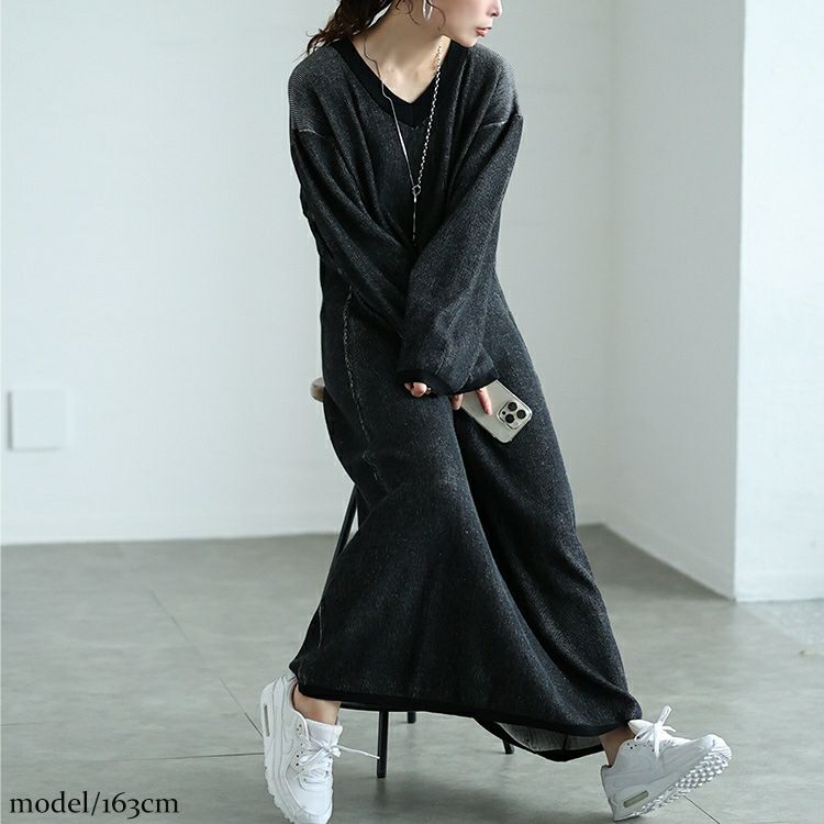 大きいサイズ レディース ツートンリブVネックワンピース　maru-20007