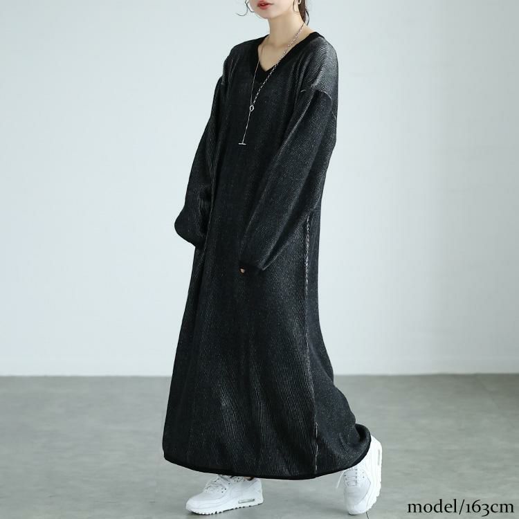 大きいサイズ レディース ツートンリブVネックワンピース　maru-20007 ブラック