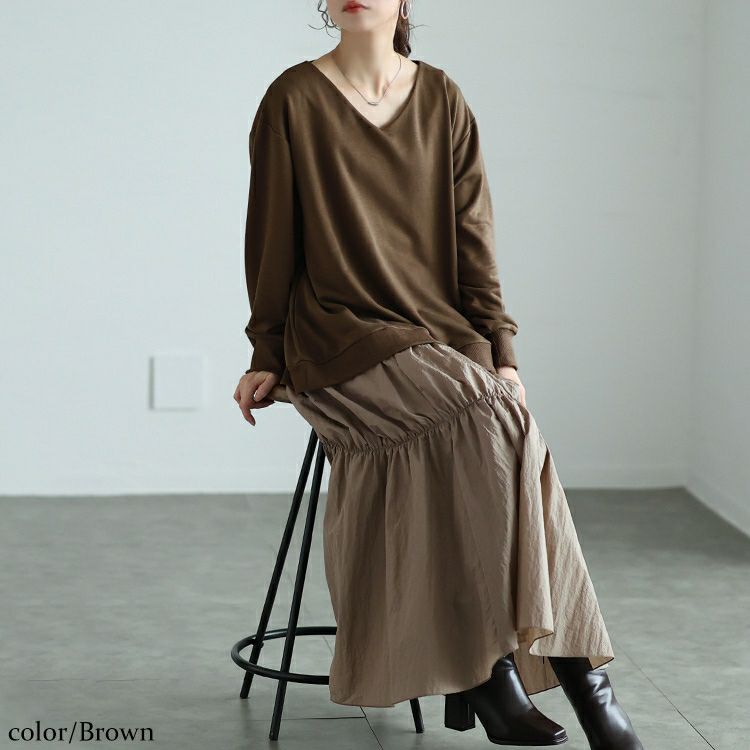 大きいサイズ レディース 異素材ドッキングギャザーワンピース　nw-24042