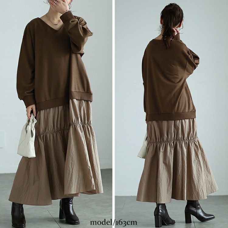 大きいサイズ レディース 異素材ドッキングギャザーワンピース　nw-24042