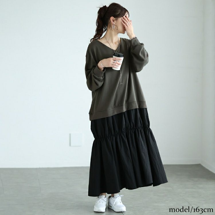 大きいサイズ レディース 異素材ドッキングギャザーワンピース　nw-24042