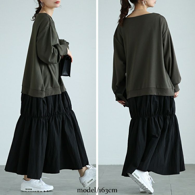 大きいサイズ レディース 異素材ドッキングギャザーワンピース　nw-24042