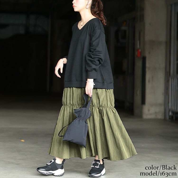 大きいサイズ レディース 異素材ドッキングギャザーワンピース　nw-24042 ブラック