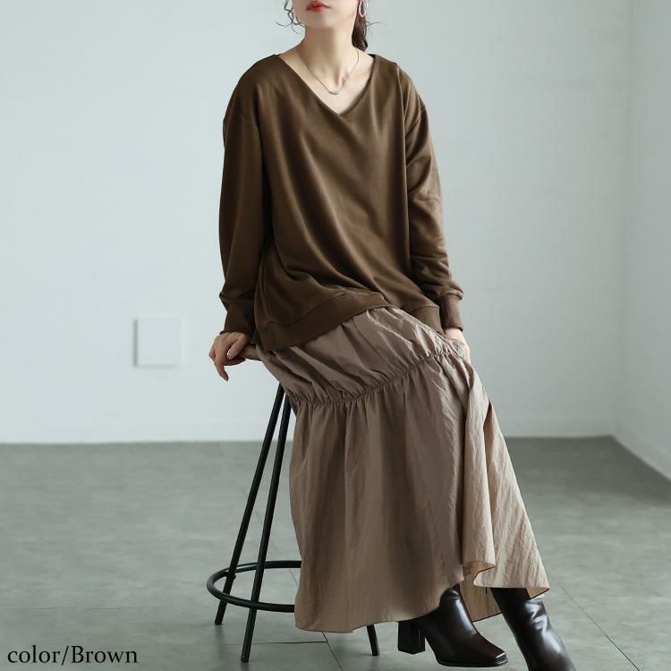 大きいサイズ レディース 異素材ドッキングギャザーワンピース　nw-24042 ブラウン