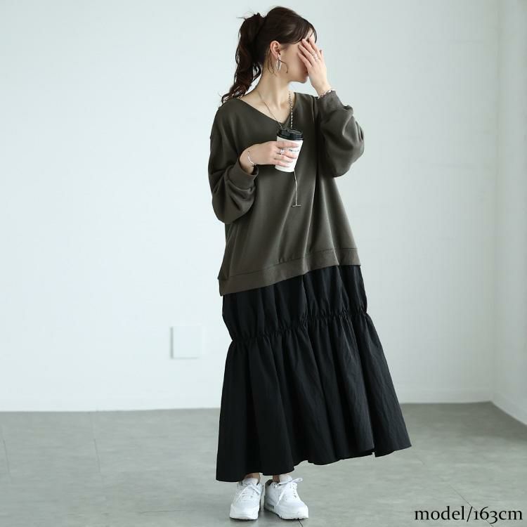 大きいサイズ レディース 異素材ドッキングギャザーワンピース　nw-24042 チャコール