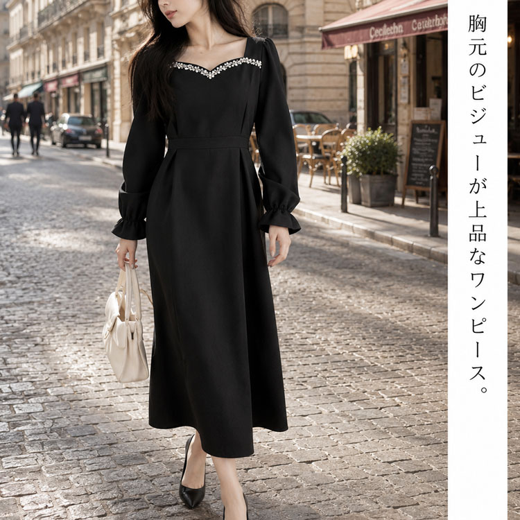 大きいサイズ レディース ビジュー付きハートネックロングワンピース　goldy-1618