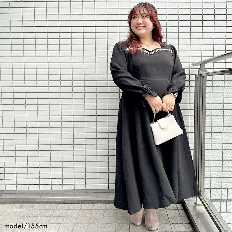 大きいサイズ レディース ビジュー付きハートネックロングワンピース