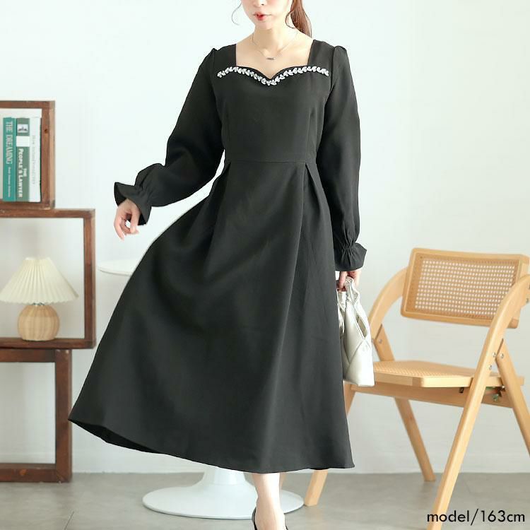 大きいサイズ レディース ビジュー付きハートネックロングワンピース