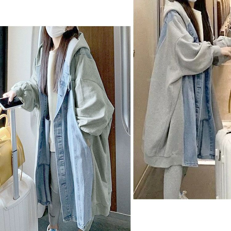 大きいサイズ レディース 裏起毛デニム切替えフーディーパーカー　goldy-1617