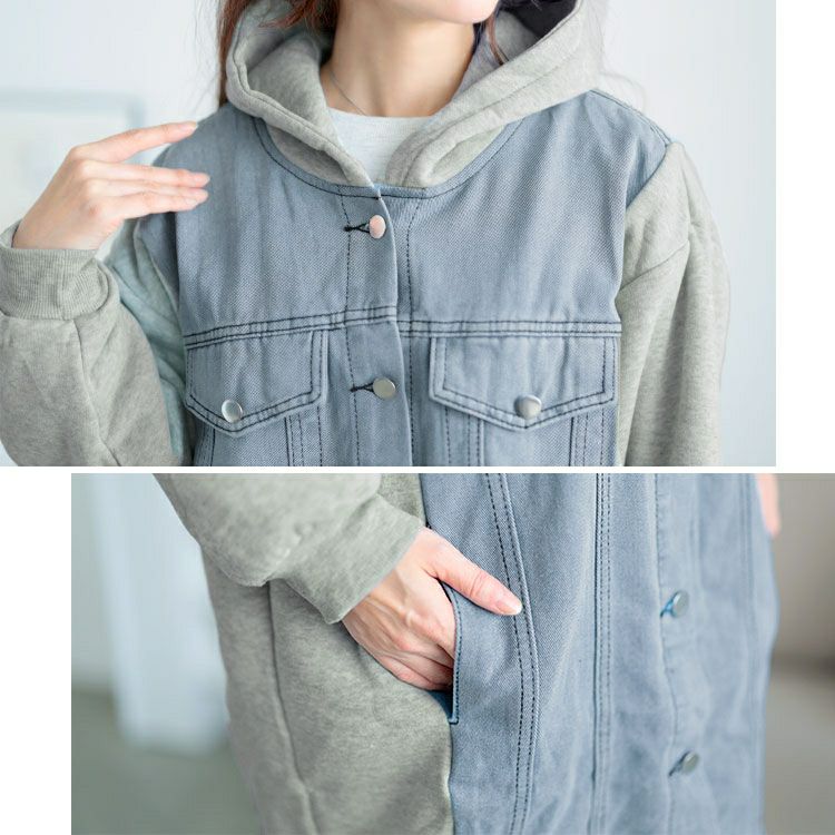 大きいサイズ レディース 裏起毛デニム切替えフーディーパーカー　goldy-1617