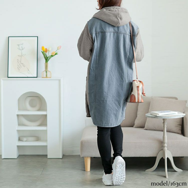 大きいサイズ レディース 裏起毛デニム切替えフーディーパーカー　goldy-1617