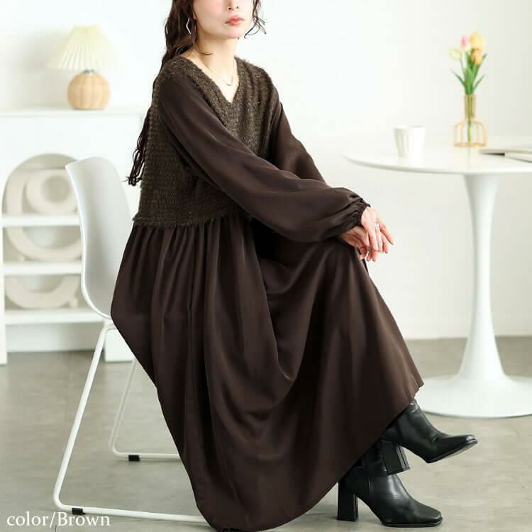 大きいサイズ レディース ラメニットベストドッキングフレアワンピース　fem-548 ブラウン