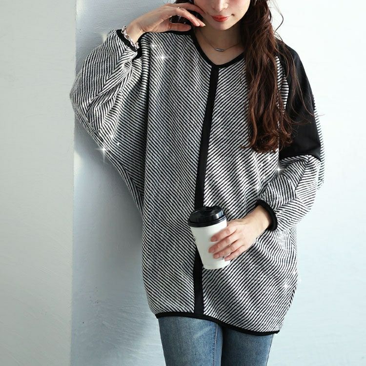 大きいサイズ レディース ヘリンボーン配色切り替えドルマンニット　jp516