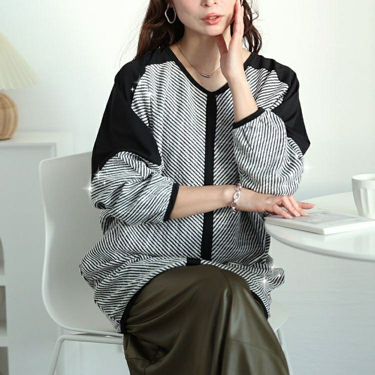 大きいサイズ レディース ヘリンボーン配色切り替えドルマンニット　jp516