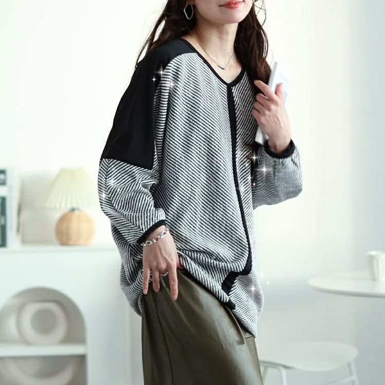 大きいサイズ レディース ヘリンボーン配色切り替えドルマンニット　jp516