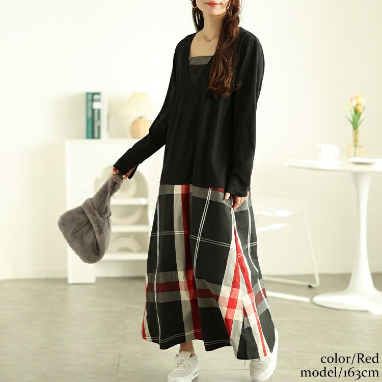 大きいサイズ レディース フェイクレイヤードチェック柄ワンピース　maru-30097